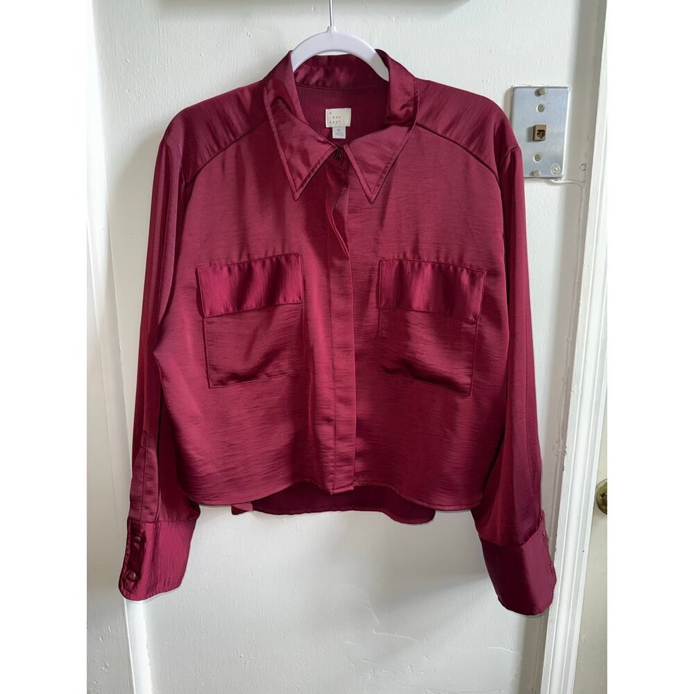 A New Day Burgundy Satin Button Down Shirt XL Cropped Utility Pocket Maroon Top